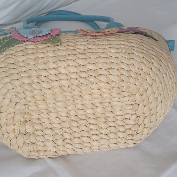 Straw Purse Vintage Flower Embellished Multi Color with Blue Trim - Picture 8 of 16